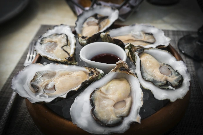 Fresh oysters with a sauce are beautifully presented.